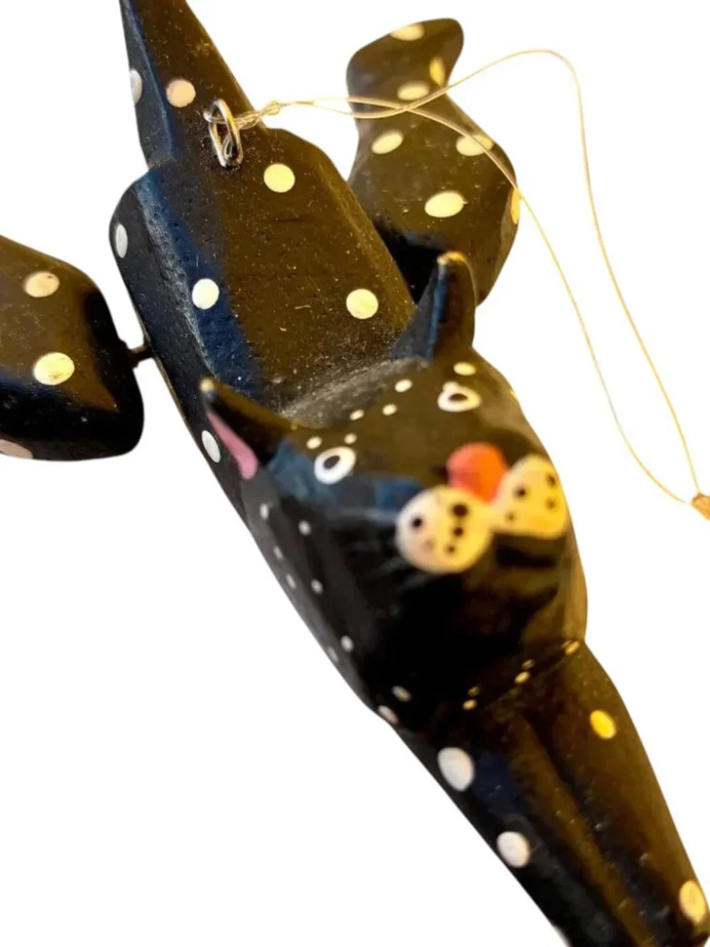 Vintage Wood Black Cat Christmas Hanging Ornament Hand Painted RED HEART Moves